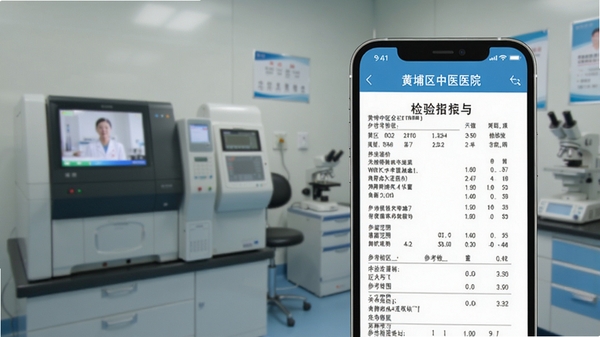 黄埔区中医医院APP报告查询界面,手机屏幕显示检验报告单详情,包含数值指标与参考范围,背景为医院检验科设备,整体画面简洁,突出数据清晰可读