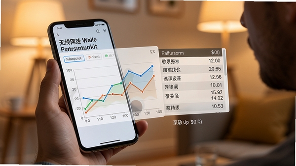 无线网测速软件的历史记录页面,展示折线图与数据列表,背景为手持手机的用户,室内光线柔和,突出数据可视化效果