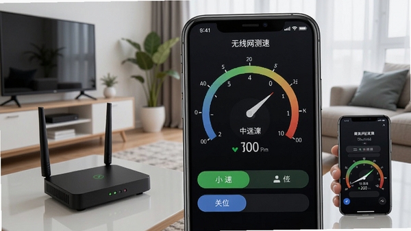 无线网测速软件主界面截图,展示手机屏幕上的测速仪表盘,背景为现代简约客厅,有路由器与手机,光线明亮,细节丰富,风格写实