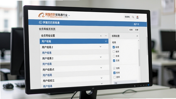 仿阿里巴巴贸易通行业网站源码会员等级设置页面,展示包含不同用户组列表的后台界面,旁边有权限勾选框,界面配色以浅灰色与蓝色为主,整体风格干净利落,显示器屏幕特写,周围环境虚化处理