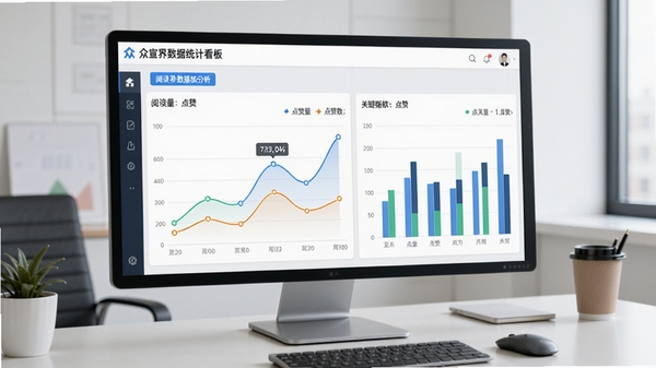 众宣界数据统计看板界面,展示折线图与柱状图分析页面,包含阅读量、点赞数等关键指标,背景为简约的办公室桌面,突出数据清晰可视的特点