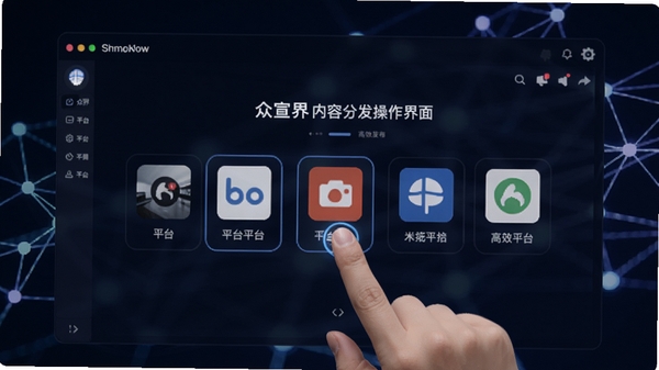 众宣界内容分发操作界面,展示同时选择多个平台图标的页面,手指点击确认发布的动作,背景为抽象网络连接元素,体现高效连接与同步的概念