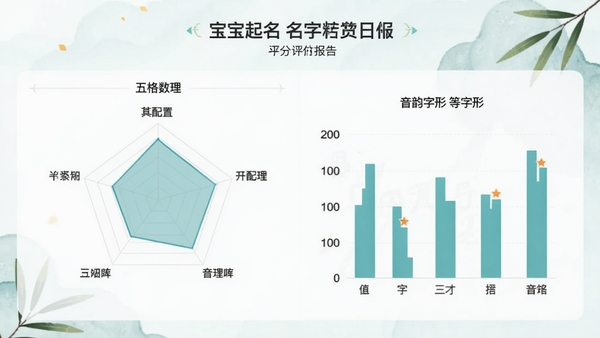 宝宝起名软件名字打分评估界面,展示一个名字的综合评分报告,包含五格数理、三才配置、音韵字形等维度,雷达图或柱状图直观展示各项得分,背景清新淡雅,突出专业性与可靠性
