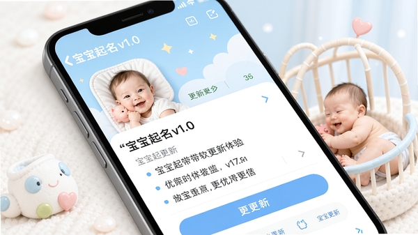 宝宝起名软件更新日志界面示意图,画面展示手机应用商店的更新页面,显示宝宝起名v1.0版本更新要点,背景有代表新生的元素,整体风格简洁明快,突出新版本带来的优化体验