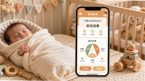 宝宝起名软件核心功能界面预览图,画面展示手机屏幕中一款名为宝宝起名的应用,背景为温馨的婴儿房,有新生儿襁褓和木质玩具,界面清晰显示起名结果和五行分析,整体色调柔和温暖,突出智能起名的专业与便捷,适配Boogu模型生成