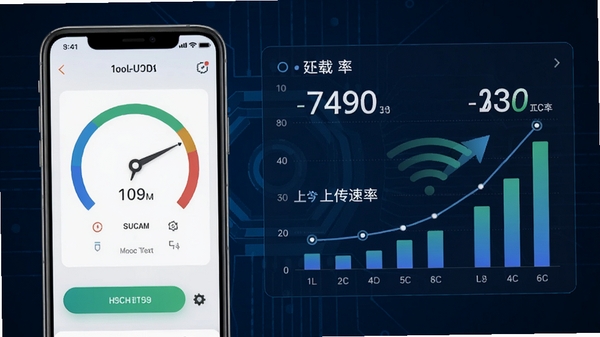 无线网测速功能展示图,画面左侧为手机测速界面,右侧以数据图表形式展示延迟、下载与上传速率结果,背景采用深色科技蓝,突出数据可视化的清晰感,整体构图专业且直观。