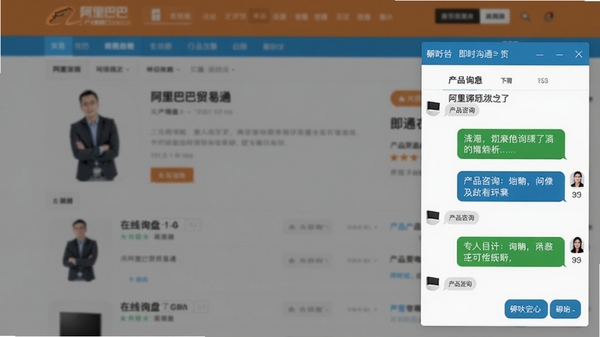 仿阿里巴巴贸易通行业网站源码的在线询盘与即时沟通界面,画面展示一个产品详情页,右侧悬浮着聊天窗口,对话气泡中包含产品咨询内容,窗口设计简洁,背景为模糊化的网页列表,突出实时交流功能,画面色调明快清晰