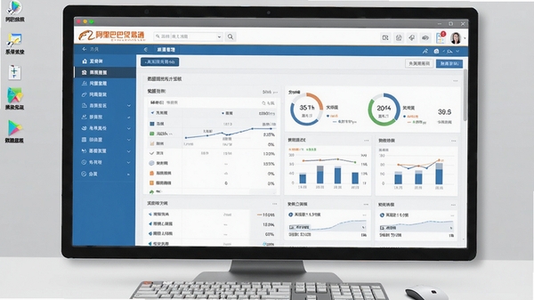 仿阿里巴巴贸易通行业网站源码的完整系统界面预览图,画面中央是网站后台管理面板,左侧为功能导航菜单,右侧展示数据统计仪表盘,整体采用蓝白配色的商务风格,背景为浅灰色的电脑桌面环境,细节清晰,UI设计专业,适合作为软件介绍首图