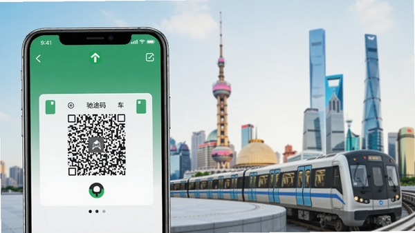 驰途码多城市扫码乘车功能展示图,画面左侧是手机屏幕显示乘车码,右侧是模糊的城市地标建筑群,背景有地铁列车驶过,色彩明亮,突出便捷与高效