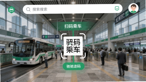 驰途码应用主界面预览图,画面中央显示扫码乘车功能,背景为模糊的城市交通枢纽,顶部有搜索栏和用户头像,整体风格简洁明亮,绿色与白色为主色调,适配Boogu模型生成
