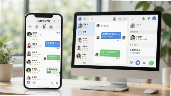 众宣界消息中枢功能预览图,画面展示手机与电脑端同步的聊天界面,包含群组列表与置顶消息,背景模糊处理突出前景对话气泡,色调清新自然,强调沟通的流畅与便捷
