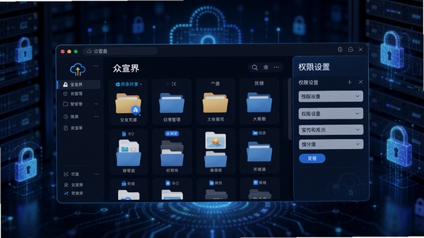 众宣界文件共享功能预览图,画面中央展示云盘文件管理界面,包含文件夹与文件图标,右侧显示权限设置面板,背景为数据加密的抽象图形,整体风格科技感十足,体现安全与便捷