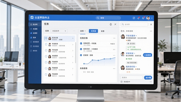 众宣界软件主界面预览图,展示其简洁的办公协作面板,背景为现代办公室场景,前景突出任务列表与聊天窗口,整体色调以蓝白为主,画面清晰明亮,体现高效与专业感
