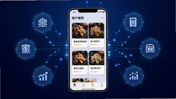 蜜黛优选智能推荐功能示意图,画面中央是手机屏幕,屏幕中显示根据用户喜好推荐的不同类型商家卡片,四周环绕着代表大数据的圆形图标和连接线,背景为深蓝色科技感渐变,突出算法精准与个性化