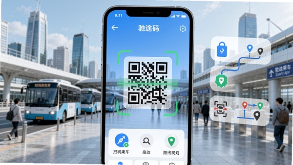 驰途码App主界面,展示扫码乘车功能,背景为城市交通枢纽,现代简约风格,色彩明亮,突出二维码扫描框与路线规划图标,整体画面清晰通透,体现高效出行体验