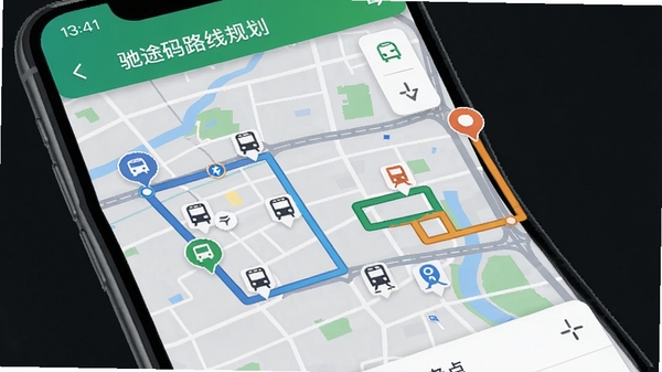 驰途码路线规划页面,手机屏幕展示地图与多条推荐路线,起点到终点用不同颜色标注,周边有公交站和地铁站图标,视觉层次分明,体现智能导航能力