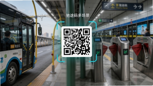 驰途码多场景扫码界面,左侧为公交车,右侧为地铁闸机,中间显示二维码,背景虚化,突出扫码便捷性,画面动感,体现多交通方式兼容