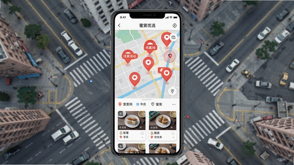 ������ѡAPP��ͼ�ҵ깦��չʾͼ���ֻ���Ļ��ʾ�����̼ҷֲ���ͼ���к�ɫ��ǵ���ʾ�Żݻ���·����̼ҿ�Ƭ�б�������Ϊ���нֵ�����ͼ������ɫ������������ͻ����λ�������ܱ��Ƽ�����