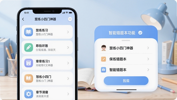 慧练小四门神器手机应用主界面预览图,左侧展示章节练习列表,右侧显示智能错题本功能模块,背景为淡蓝色学习场景,界面扁平化设计,图标圆润清晰,整体色调清新明亮