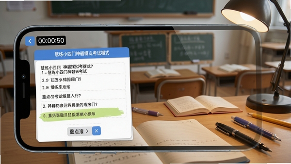 慧练小四门神器模拟考试模式界面,手机横屏显示答题卡样式,左上角有计时器,题目下方有重点标记工具,背景为模拟考场环境,桌面摆放文具,画面写实且富有学习氛围