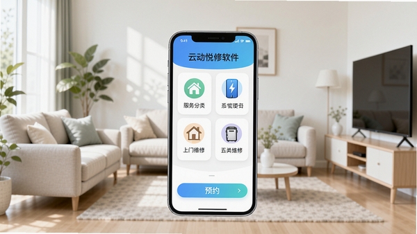 云动悦修软件主界面预览图,画面中心显示一部手机,屏幕上是服务分类图标与预约界面,背景为简洁明亮的现代客厅,突出上门维修服务的便捷感,整体色调清新自然,适合软件介绍场景