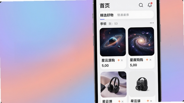 星云源购购物应用主界面预览图,展示首页精选好物瀑布流,背景为柔和渐变色,前景突出APP名称与商品卡片,整体风格现代简约,高清渲染