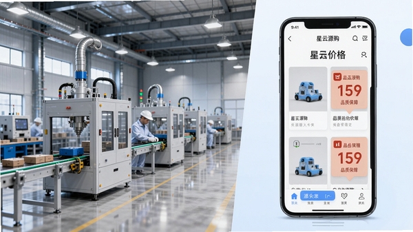 星云源购源头工厂直供场景展示图,画面左侧为现代化工厂车间,右侧为手机APP内商品价格对比界面,突出价格优势与品质保障,细节丰富