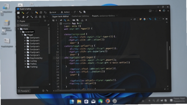 超级文本编辑器主界面预览图,软件运行在Windows 11系统桌面上,界面采用简洁的深灰色主题,中部为打开的多标签文本编辑区,左侧显示文件树列表,代码关键字呈现彩色高亮,整体风格现代且专业,背景为虚化的电脑桌面环境