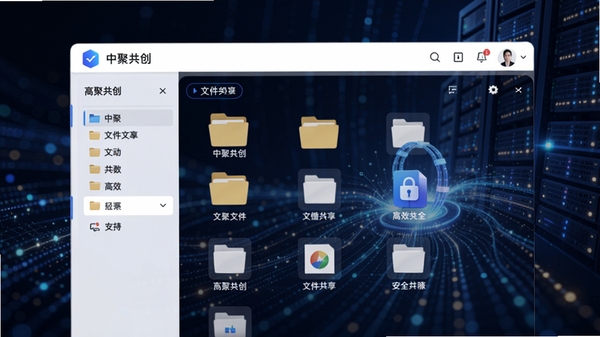 中聚共创文件共享界面设计图,展示文件夹分类与文件预览,背景为数据流动的抽象图形,体现高效与安全