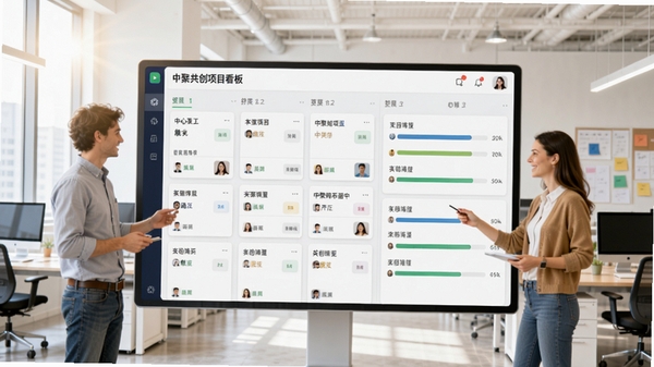 中聚共创项目看板界面示意图,展示多列任务卡片与进度条,背景为明亮办公环境,突出协作氛围