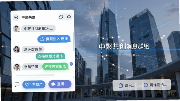 中聚共创消息群组界面效果图,展示聊天窗口与功能按钮,背景为现代城市建筑,突出连接与沟通