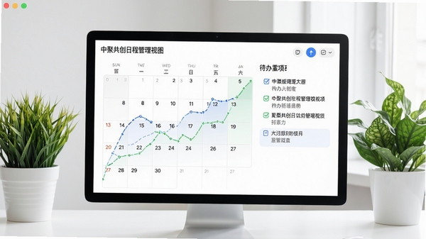 中聚共创日程管理视图展示,包含日历网格与待办事项,背景为简洁桌面与绿植,体现规划与效率