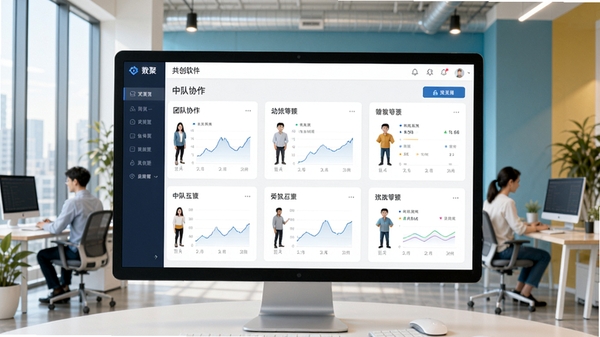 中聚共创软件主界面预览图,展示团队协作功能模块,背景为现代办公场景,色彩明亮清晰