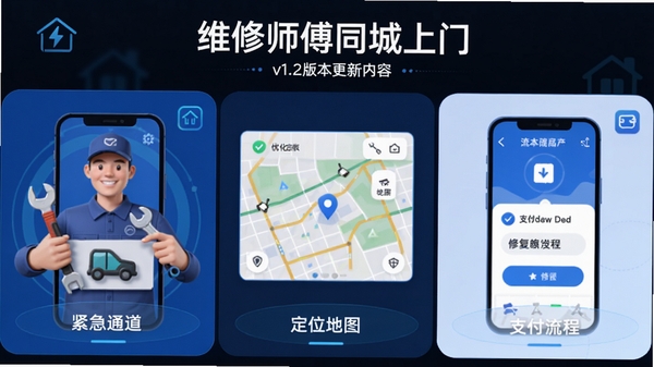 展示“维修师傅同城上门”v1.2版本更新内容的概念图,画面分为三个区域,分别代表新增的紧急通道、优化的定位地图、修复的支付流程,整体风格简洁明快,带有科技感UI元素,突出版本升级带来的流畅体验。