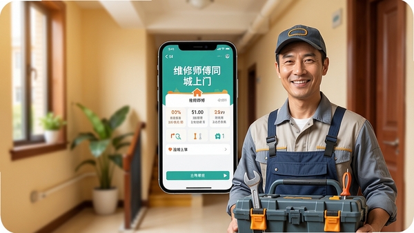 一张现代简约风格的主视觉图,前景是穿着工装的维修师傅手持工具箱笑容满面,背景是模糊的居民小区楼道,画面中央悬浮着手机界面,界面显示“维修师傅同城上门”APP的接单页面,整体色调明亮温暖,强调便捷与信赖感,适配Boogu模型生成。