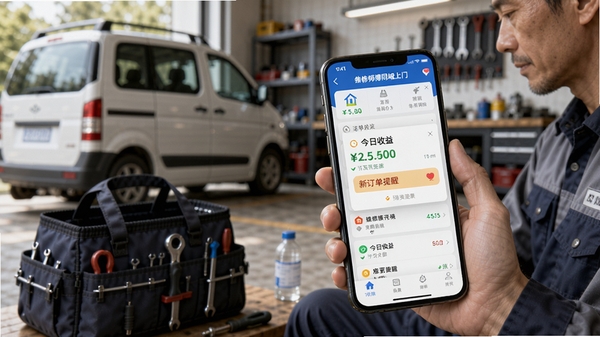一位维修师傅坐在工具包旁,手持手机查看“维修师傅同城上门”师傅版APP的订单列表,屏幕上有“今日收益”与“新订单提醒”弹窗,背景是维修车或工具间,光线自然,突出专业与高效工作的氛围。