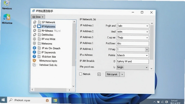 IP地址更改助手主界面预览图,画面中心为简洁的Windows桌面软件窗口,左侧列表显示多个网络配置文件,右侧为详细的IP地址参数填写区域,背景为淡蓝色渐变,整体风格清爽专业