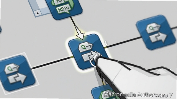 Macromedia Authorware 7 图标拖拽操作特写,鼠标拖动一个交互图标到流程线上,周围有多个图标待选,界面高亮显示拖拽轨迹,背景为浅灰色工作区,画面清晰,强调易用性,软件名称水印在角落