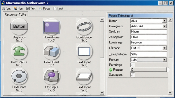 Macromedia Authorware 7 交互响应属性设置面板,展示多种响应类型图标,如按钮、热区、文本输入,右侧为属性设置项,界面清晰,背景为白色,突出功能丰富性,软件名称出现在面板标题栏