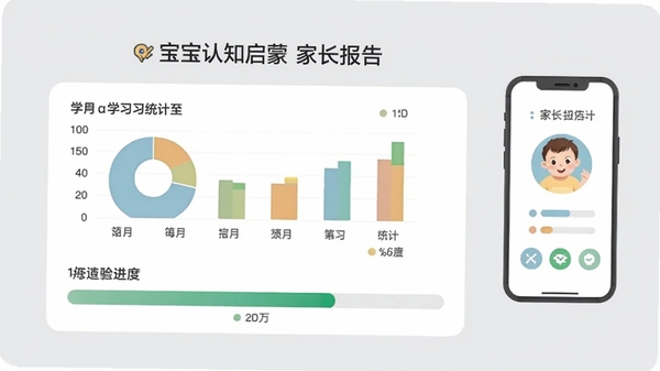 宝宝认知启蒙家长报告界面,显示学习统计图表和进度条,背景为浅灰色,风格简洁清晰,旁边有家长手机端控制图标