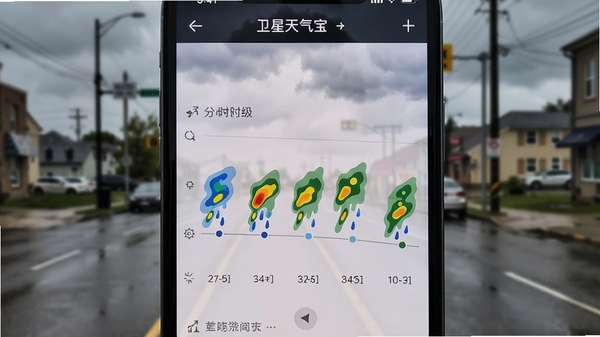 卫星天气宝降水预报功能截图,手机屏幕上显示分钟级降雨时间轴,彩色雨量图标,背景为阴天街道,写实风格,清晰界面