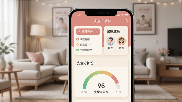 小红护工软件主界面预览图,画面展示手机屏幕内以温馨的粉红色和米白色为主色调的APP界面,包含今日任务提醒卡片、家庭成员状态图标与安全守护分值仪表盘,背景为模糊处理的现代简约客厅环境,整体光线柔和,突出智能生活管家的视觉氛围