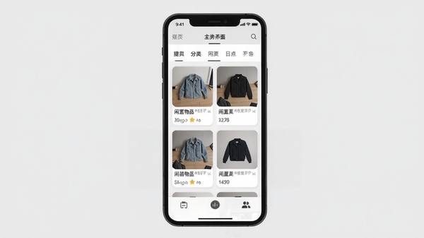 二手平台转手交易APP主界面截图,展示闲置物品列表、分类导航栏和底部功能按钮,背景为简约浅灰色,手机居中显示,界面清晰直观,适配Boogu模型生成。