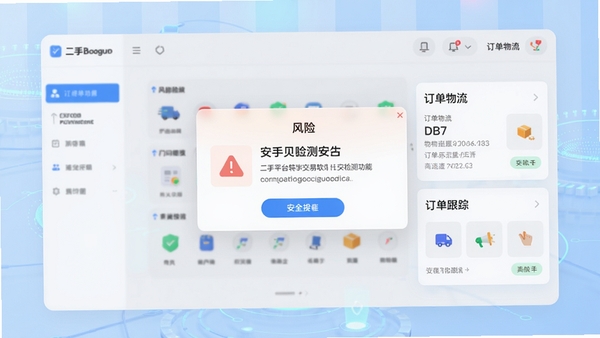 二手平台转手交易软件安全检测功能示意图,界面显示风险提示弹窗和订单物流跟踪卡片,背景为淡蓝色科技感风格,突出安全可靠,适配Boogu模型生成。