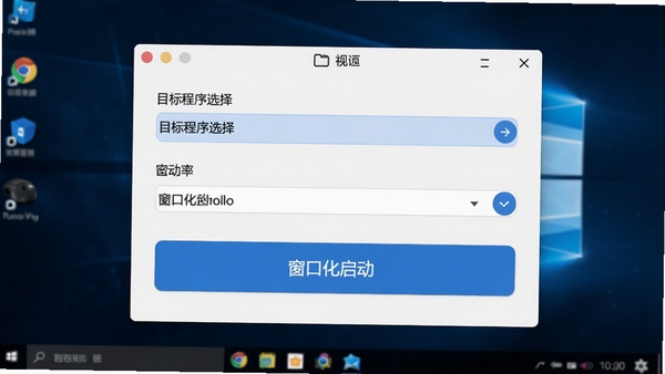 泡泡窗口化软件主界面预览图,显示简洁的工具窗口,包含目标程序选择、分辨率下拉菜单、窗口化启动按钮,背景为深色电脑桌面,整体风格现代清晰