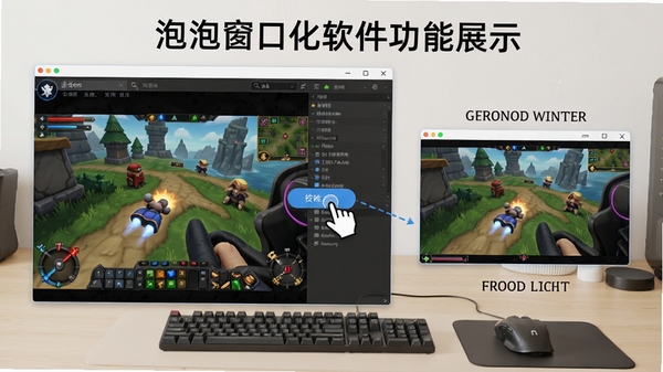 泡泡窗口化软件功能展示图,显示软件主界面,鼠标点击窗口化按钮,旁边有前后对比示意图,左侧为全屏游戏画面,右侧为窗口化后的画面,背景为浅色工作台