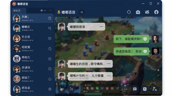 嘟嘟语音主界面预览图,展示简洁的深蓝色调软件窗口,左侧为好友列表,右侧为群组聊天区域,背景为模糊的游戏场景,整体画面清晰明亮,突出软件在游戏沟通中的核心作用