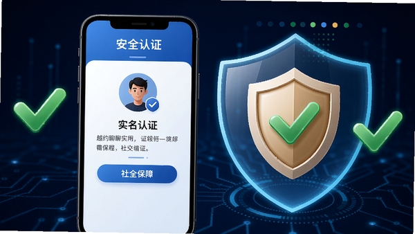 越约聊恋安全认证流程示意图,展示手机上的实名认证页面与盾牌图标,周围有绿色对勾和防护罩元素,背景为深蓝色科技感线条,强调安全可靠的社交保障