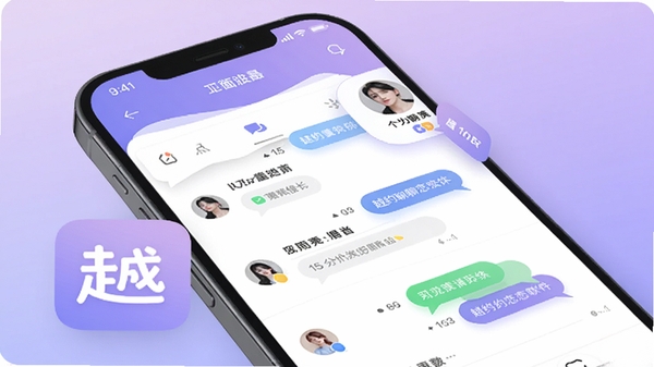 越约聊恋软件主界面预览图,展示手机屏幕上的聊天列表与个人资料卡片,背景为柔和渐变紫色,前景突出应用图标与对话气泡,整体风格现代清新,适合应用商店宣传图