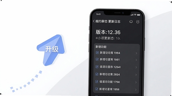 越约聊恋更新日志示意图,展示手机屏幕上的版本更新详情页面,带有版本号与新增功能列表,背景为简约白色与浅灰色调,配有升级箭头图标,风格现代清晰
